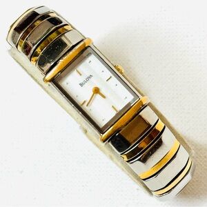 Vintage Bulova 5.75" MAX Beveled Crystal Womens Watch Two Tone Silver Gold 98T31